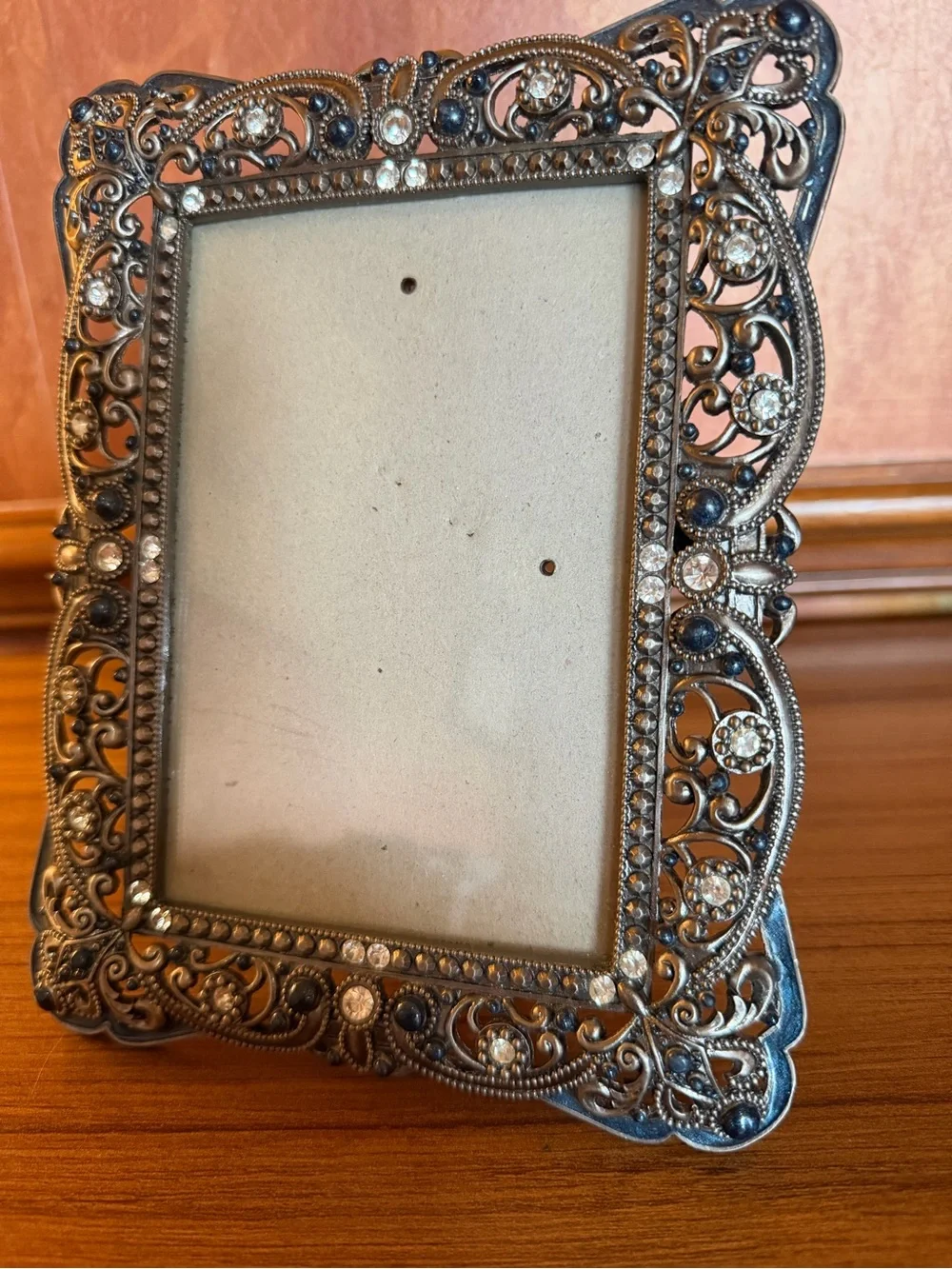 Vintage Ornate Pewter Metal Bejeweled 4x6 Picture Frame Heavy Filigree Crystals
